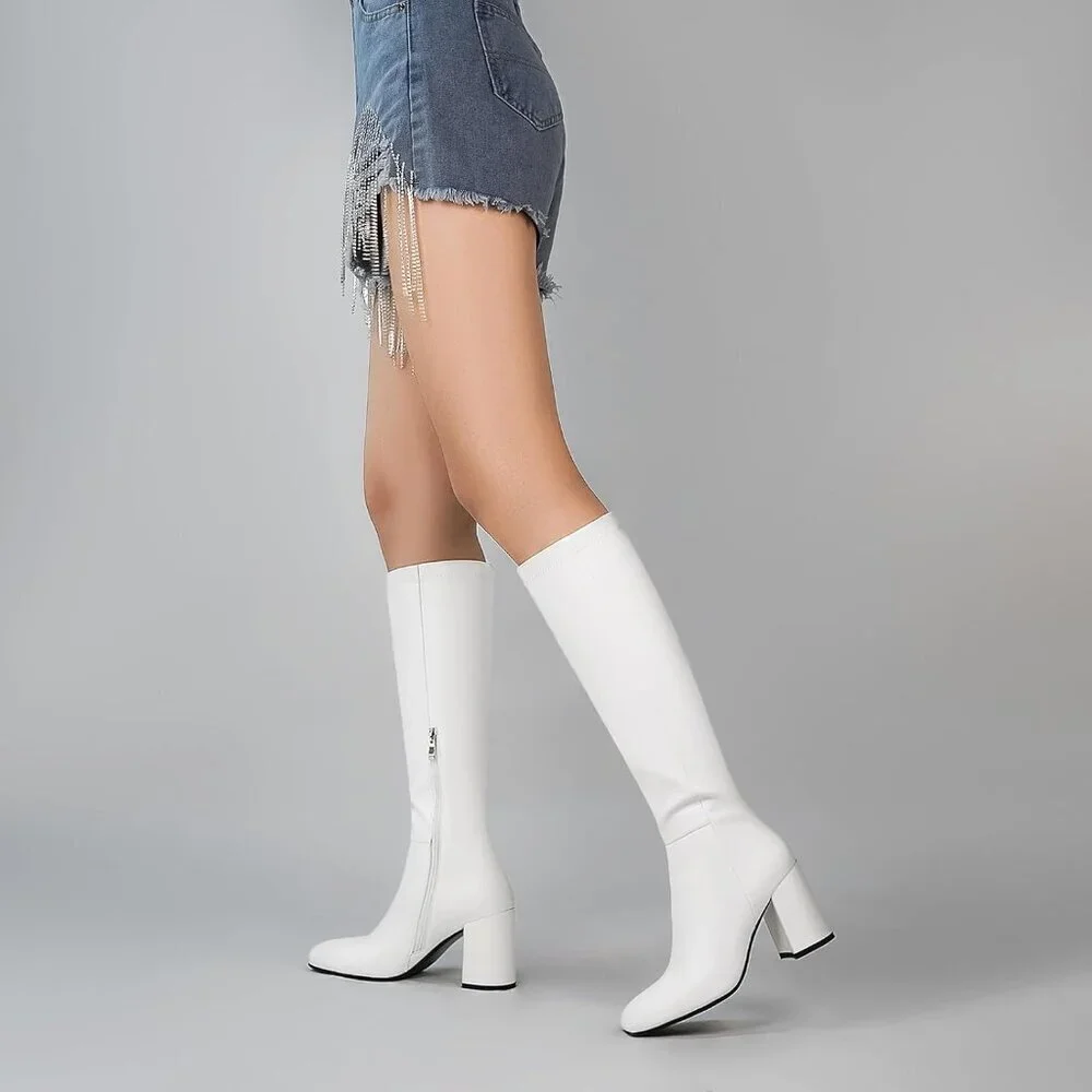 Women's Faux Leather White Square Toe Knee High Chunky Heel Side Zip Tall Boots